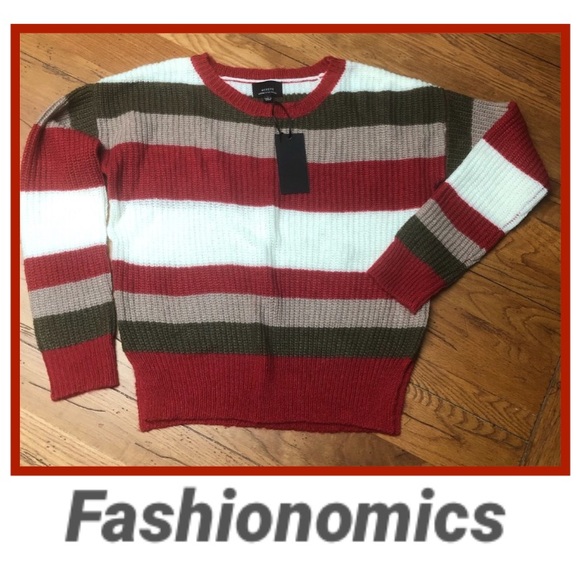 🎈Sold🎈Bright Red & Olive Stripe Cozy Side Slit Sweater (S) - Picture 3 of 12